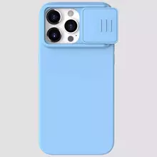 Противоударный чехол бампер Nillkin CamShield Silky Magnetic Silicone (шторка на камеру) для iPhone 15 Pro Max Haze Blue (Синий) 