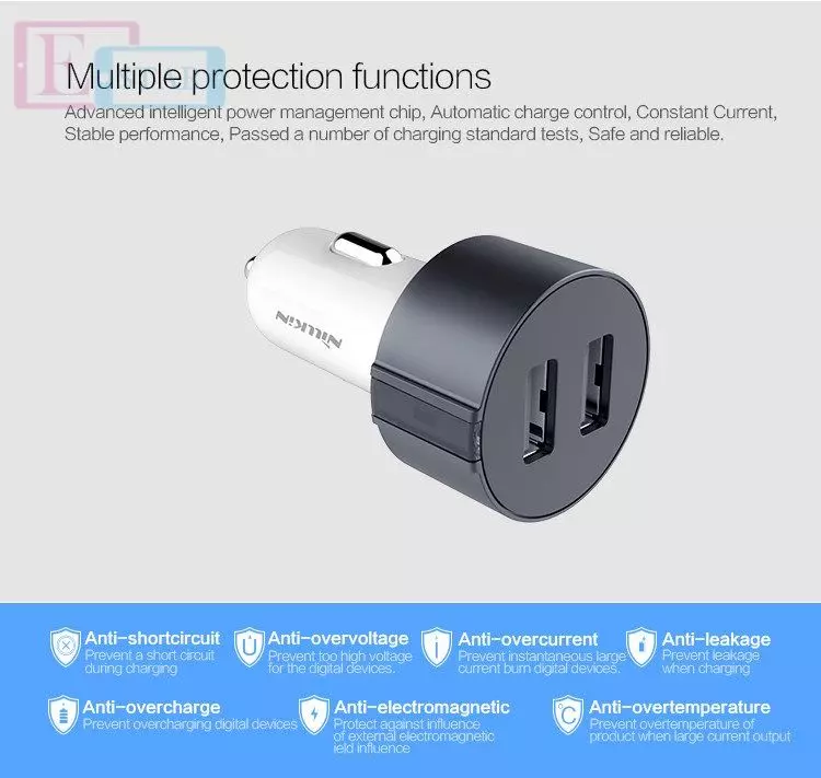 Автомобільна зарядка від прикурювача Nillkin Vigor car charger Dual Port USB Car Charger для Samsung, Apple, Hyawei, Asus, HTC, Meizu Grey (Сірий)