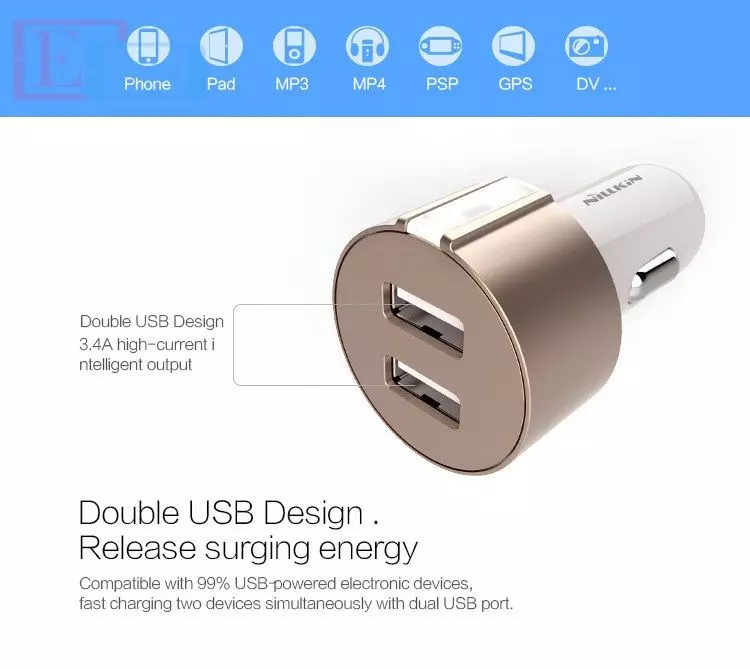 Автомобільна зарядка від прикурювача Nillkin Vigor car charger Dual Port USB Car Charger для Samsung, Apple, Hyawei, Asus, HTC, Meizu Grey (Сірий)