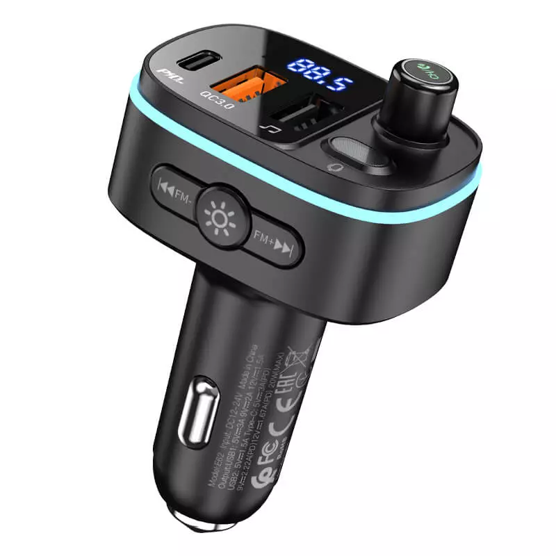 Автомобільний адаптер Hoco Fast car BT FM transmitter E62 2USB/1Type-C, TF/U Disk, 20W/3A, QC/PD Black (Чорний)