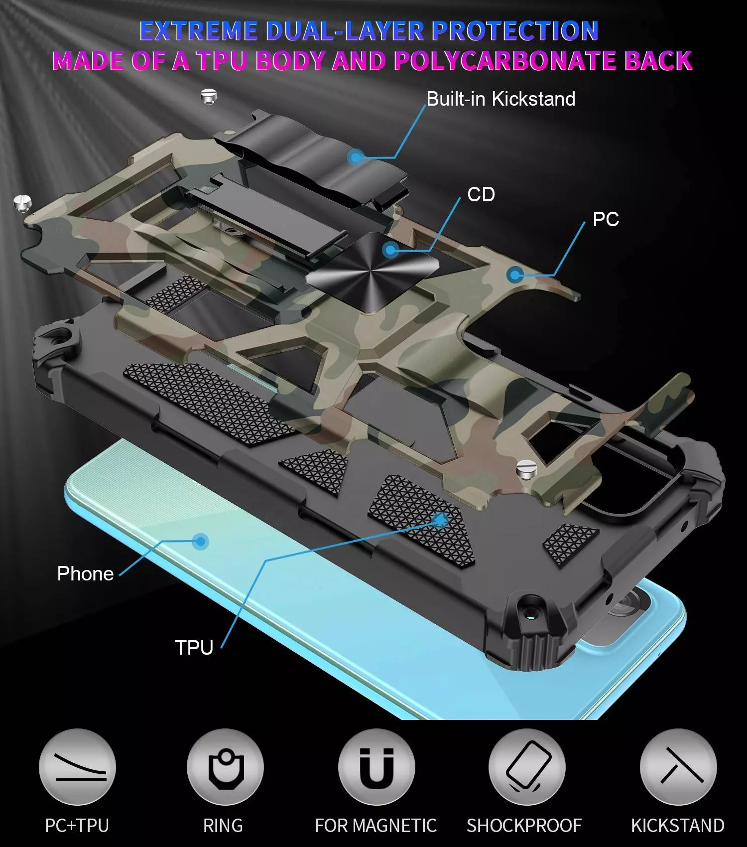 Противоударный чехол бампер для Samsung Galaxy A53 5G Anomaly Hybrid Armor (встроенная подставка) Army Green (Армейский Зеленый)