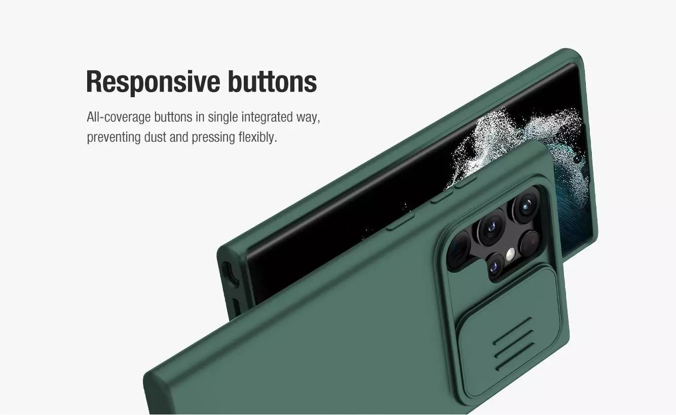 Протиударний чохол бампер Nillkin CamShield Silky Silicone (шторка на камеру) для Samsung Galaxy S22 Ultra Dark Green (Темно зелений)