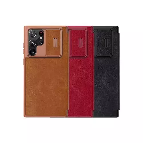 Чехол книжка Nillkin Qin Pro (шторка на камеру) для Samsung Galaxy S22 Ultra Brown (Коричневый)