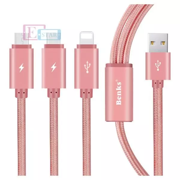 Кабель для заряджання Benks D15 3 in 1 Lighting/ Micro USB & Type C Cable 1.2m Rose Gold (Рожеве Золото) 600451RGD Кабель для заряджання Benks D15 3 in 1 Lighting/ Micro USB & Type C Cable 1.2m Rose Gold (Рожеве Золото) 600451RGD